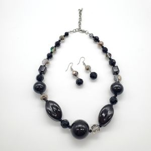 Black and Metallic Beaded Necklace and Earrings